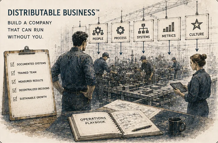 Illustration: a shop floor running on people, process, systems, metrics and culture, with an operations playbook open on the desk.