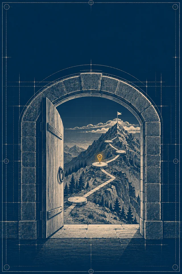 Illustration: an open stone gateway onto a mountain trail, a gold marker on the first camp, the summit with its flag beyond.
