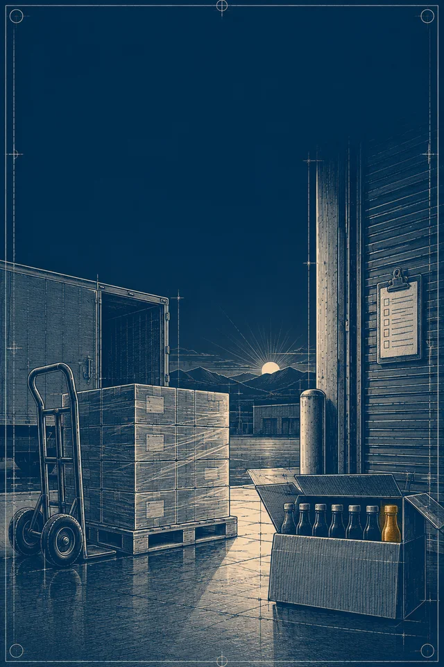Illustration: an open stone doorway onto a loading dock at first light, a pallet of a first production run waiting under the lamp.