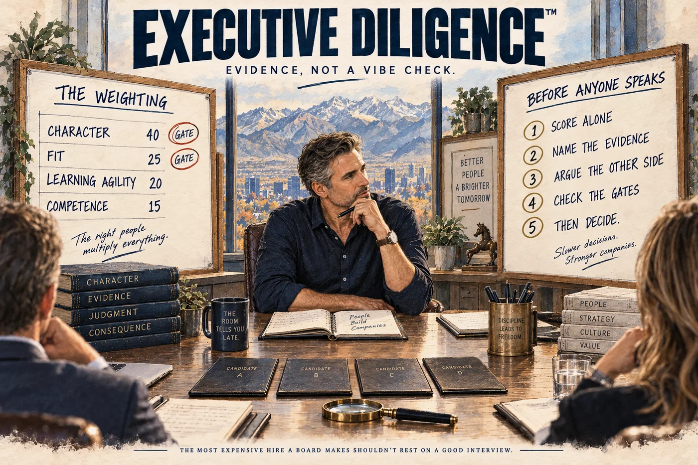 Illustration: the Executive Diligence panel room. On the left board, the weighting — Character 40 (gated), Fit 25 (gated), Learning agility 20, Competence 15 — and the note “The right people multiply everything.” On the right board, the order of the room: 1 score alone, 2 name the evidence, 3 argue the other side, 4 check the gates, 5 then decide. Dr. Scott Kimball sits at the head of the table with four sealed candidate folios in front of him and two panel members either side.