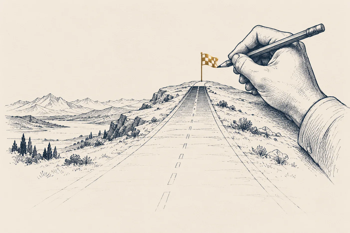 Line illustration: a hand with a pencil has just drawn a small checkered flag at the far end of a long straight road; the road is solid near the flag and fades to faint sketch lines as it comes toward the viewer, built backward from the finish.