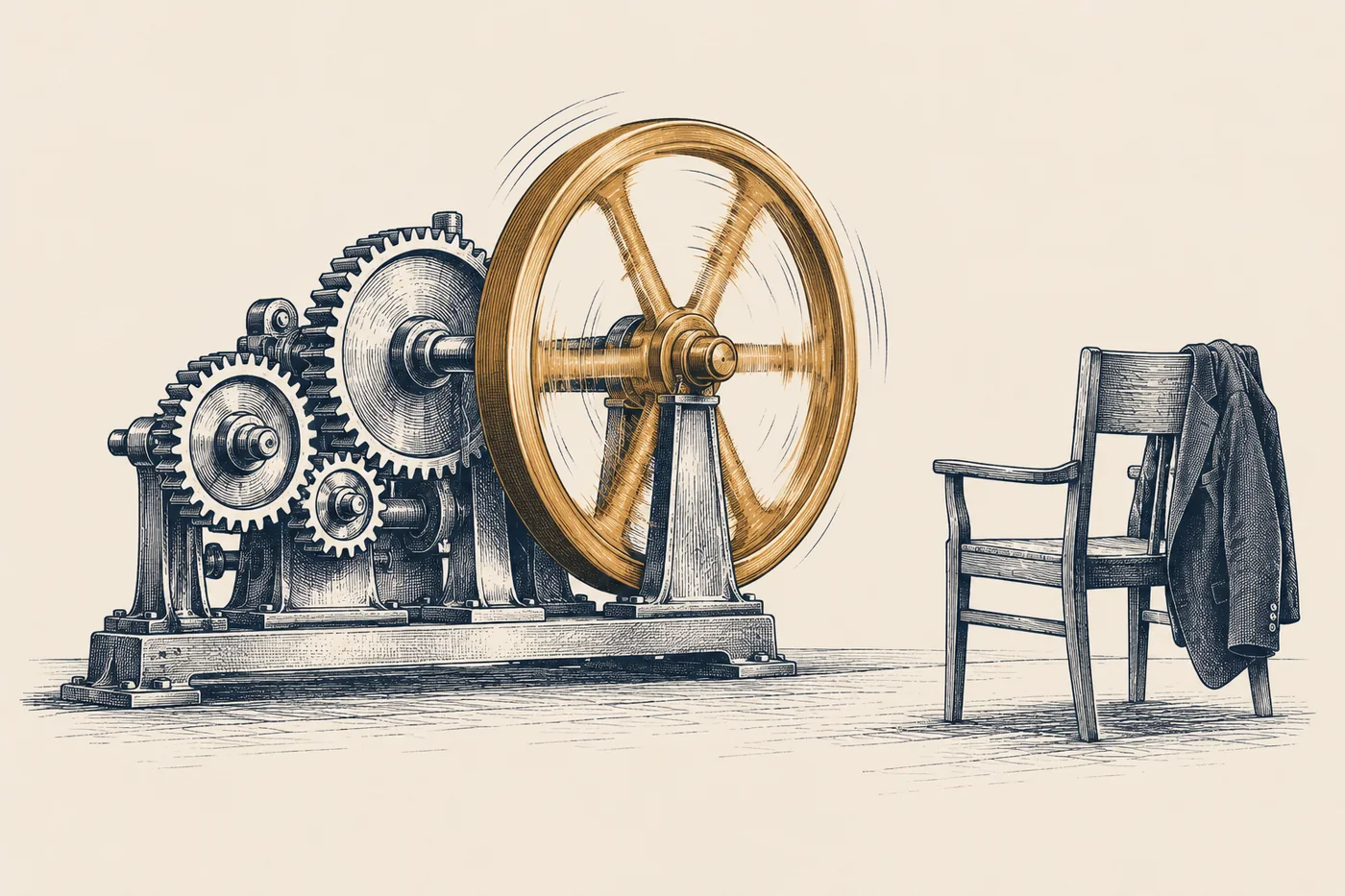 Line illustration: an engine of interlocking gears and a large bronze flywheel turning on its own, beside an empty wooden chair with a jacket hung over its back.