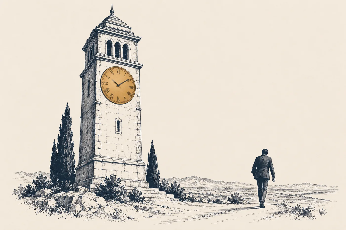Line illustration: a tall stone clock tower with a bronze clock face, and a small figure in a suit walking away from it across open ground without looking back.