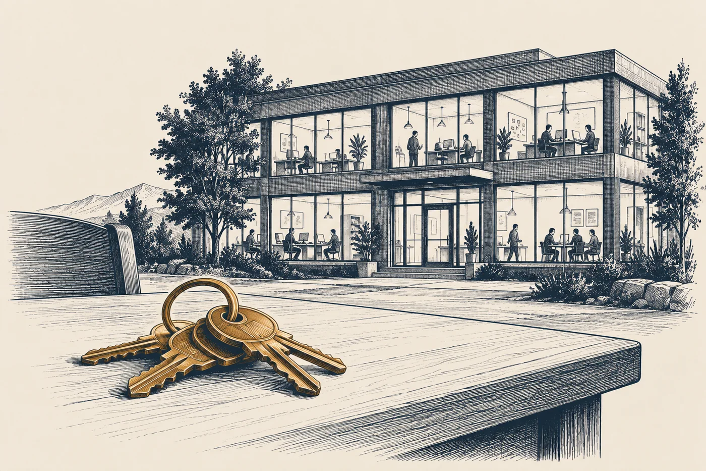 Line illustration: a ring of bronze keys set down on a bare table in the foreground; behind it, a two-story glass office with every window lit and people at work inside.