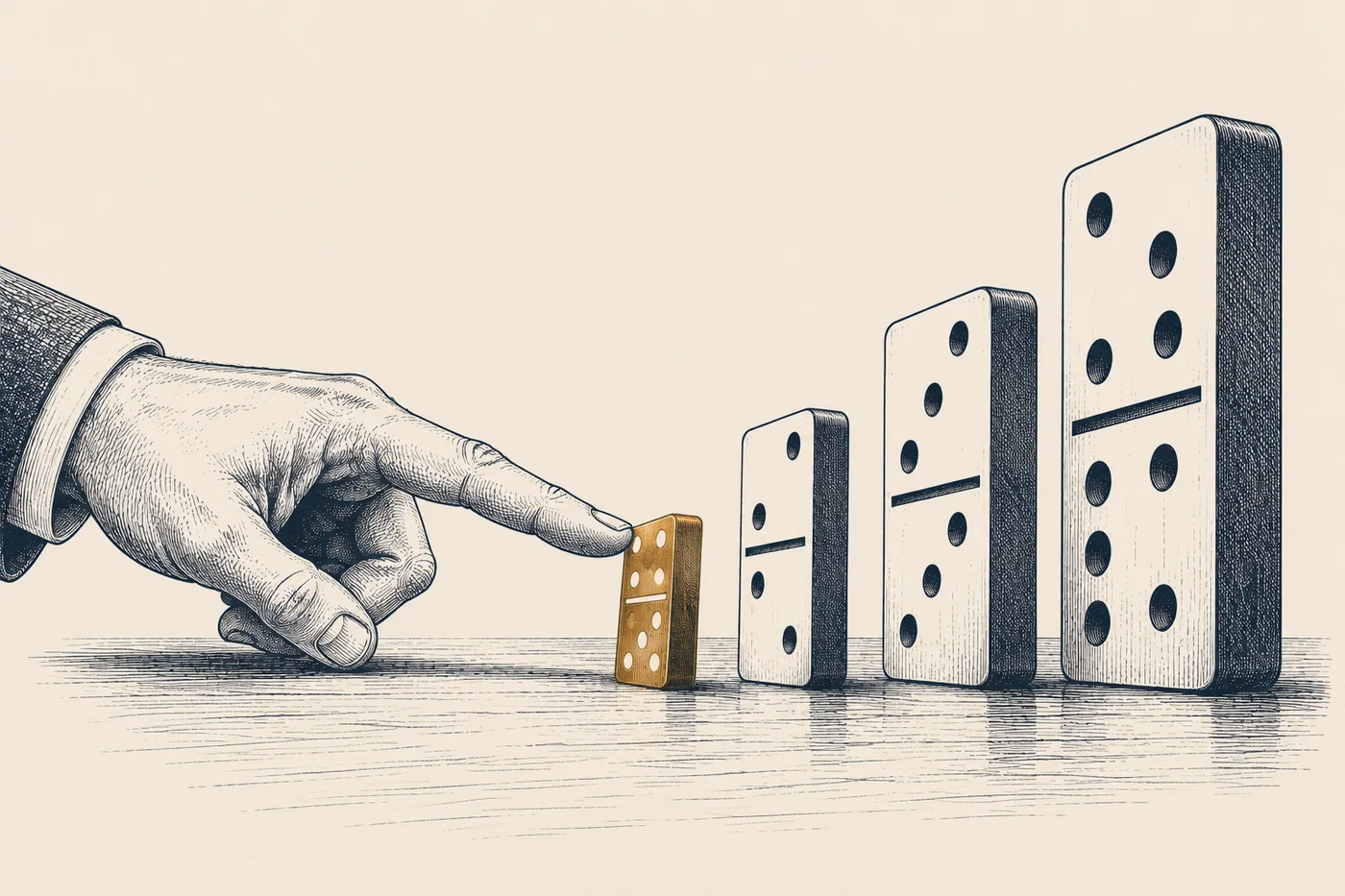 Line illustration: four dominoes standing in a row, each larger than the last, and a fingertip about to tip the smallest, which is bronze.