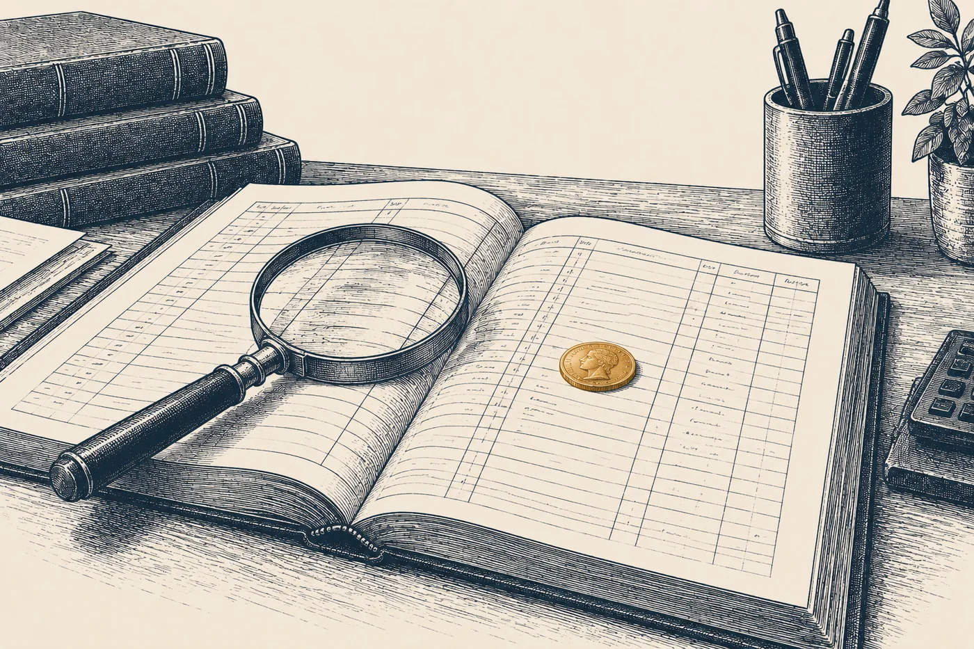 Line illustration: an open ledger with ruled columns, a magnifying glass resting on the page, and a single bronze coin placed on one line, on a desk with books and a pen cup.
