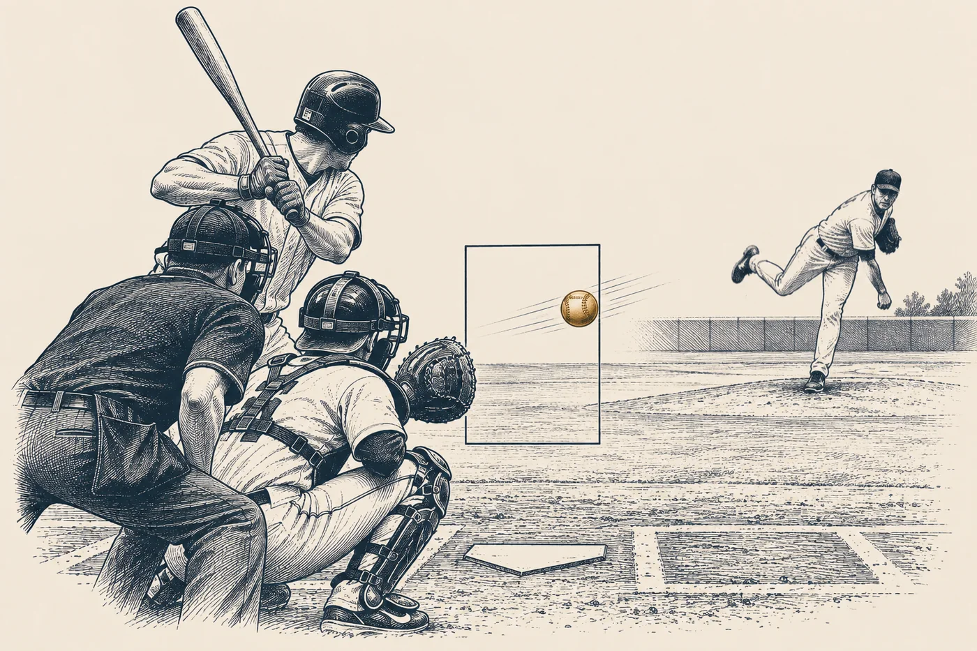 Line illustration: a batter, catcher and umpire at the plate as a pitcher follows through; the strike zone is drawn as a plain rectangle and a bronze ball is crossing just inside its edge.