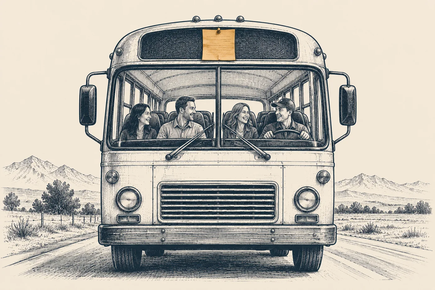 Line illustration: an old bus seen head-on with four people inside talking and laughing, and a single bronze sheet of paper pinned in the front window where the destination sign would be.