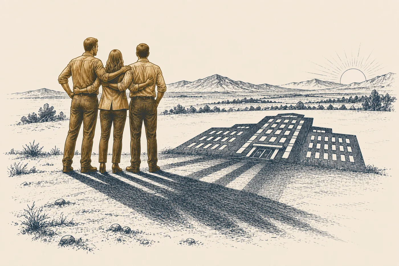 Line illustration: three figures in bronze standing close together on open ground, arms around each other, and the long shadow they cast together takes the shape of an office building.