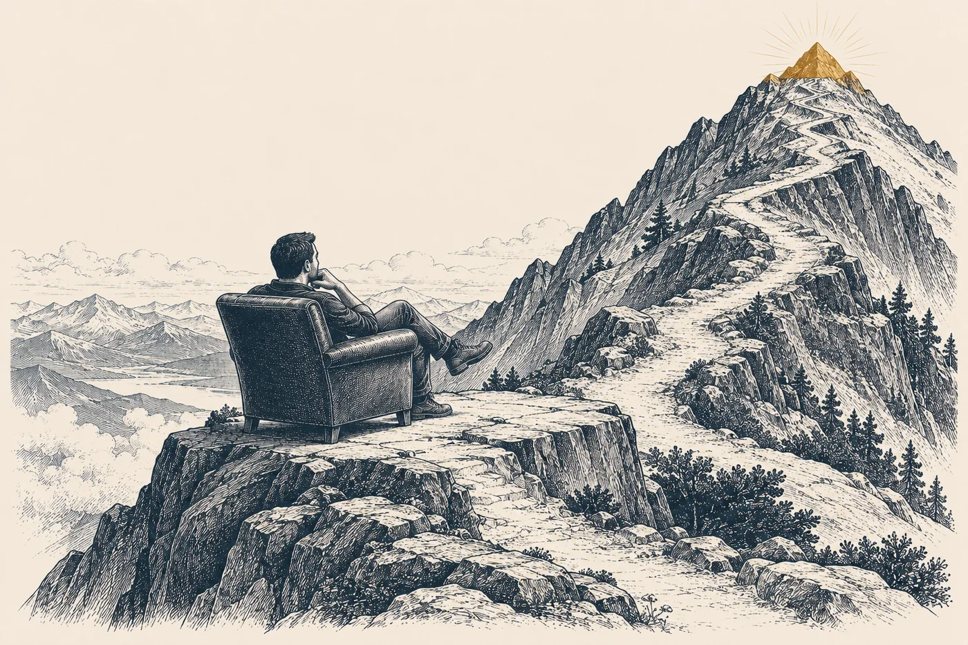 Line illustration: a man settled in an armchair on a rock ledge halfway up a mountain, chin in hand, while the path continues past him to a bronze summit above.
