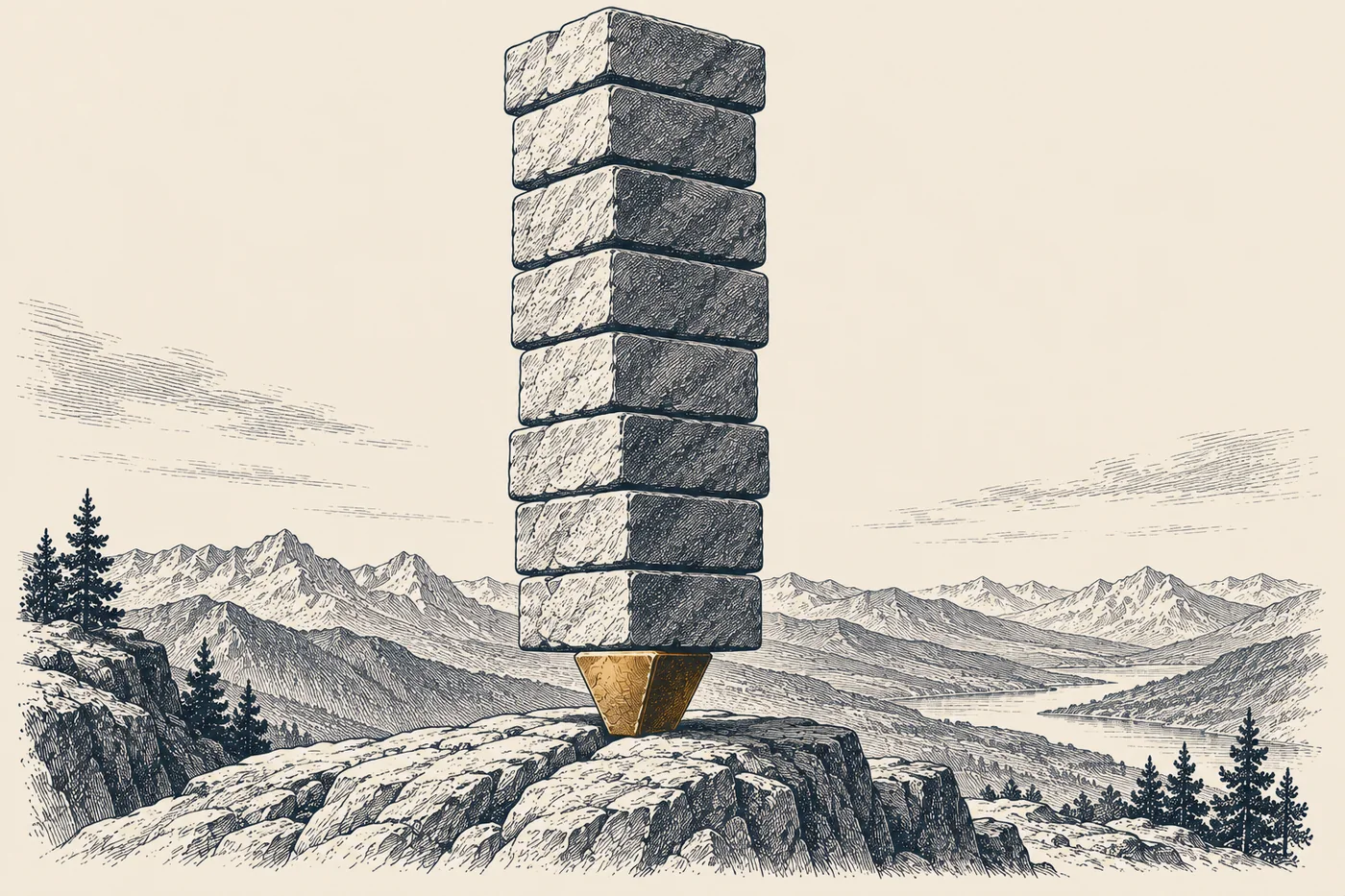 Line illustration: a tall tower of rough stone blocks balanced on a single small bronze keystone, standing on a rocky outcrop above a mountain valley.