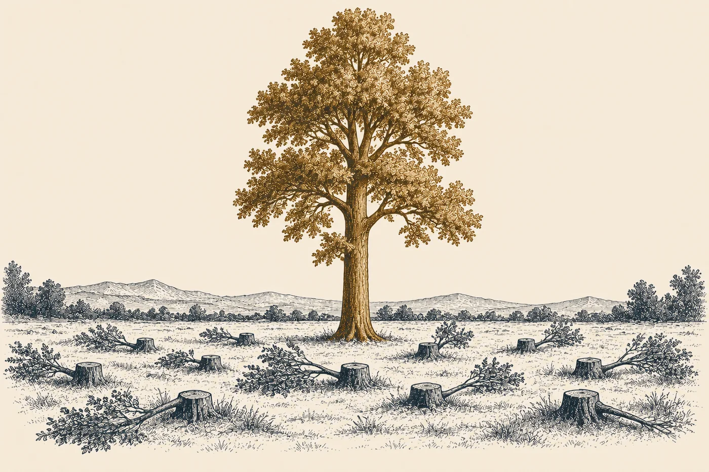 Line illustration: one tall bronze tree standing in a field where a dozen saplings have been cut down to stumps around it.