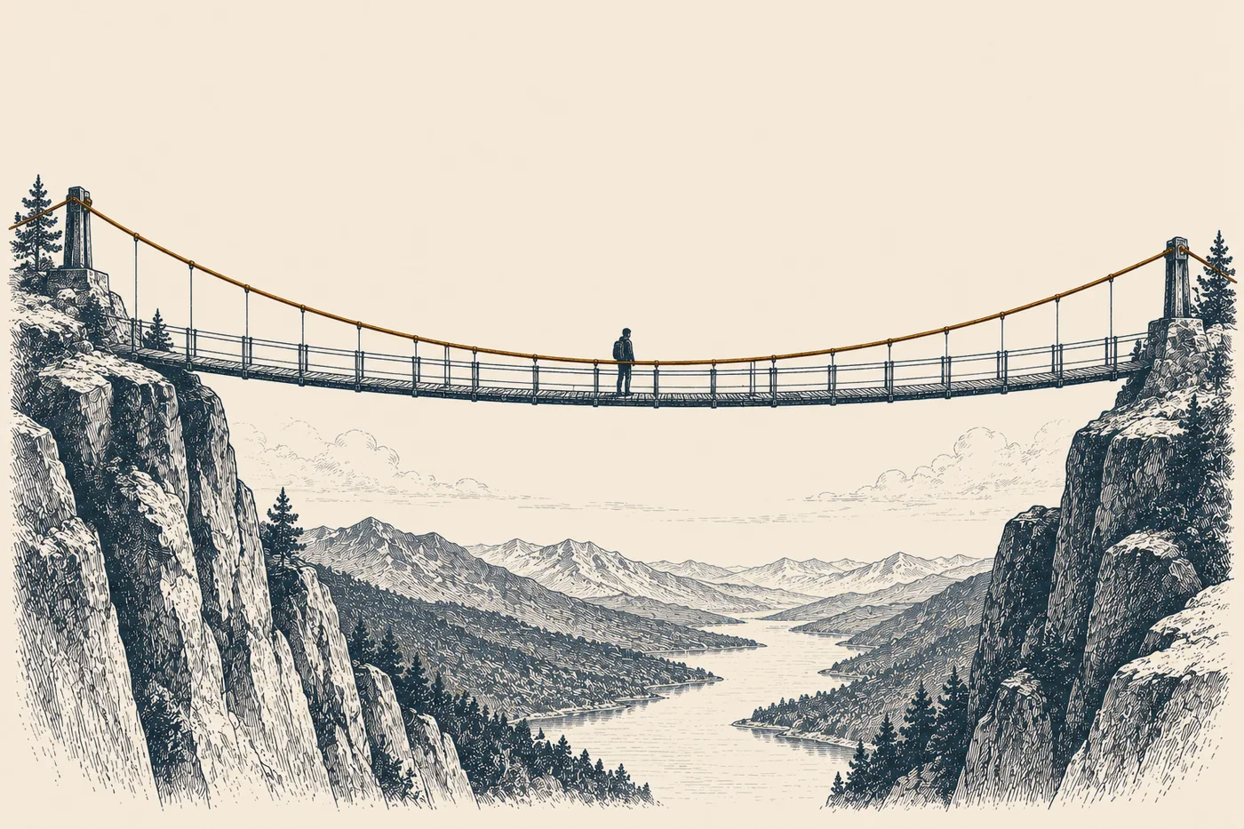 Line illustration: a footbridge across a deep gorge hanging from a single bronze cable, with one small figure standing in the middle of the span.