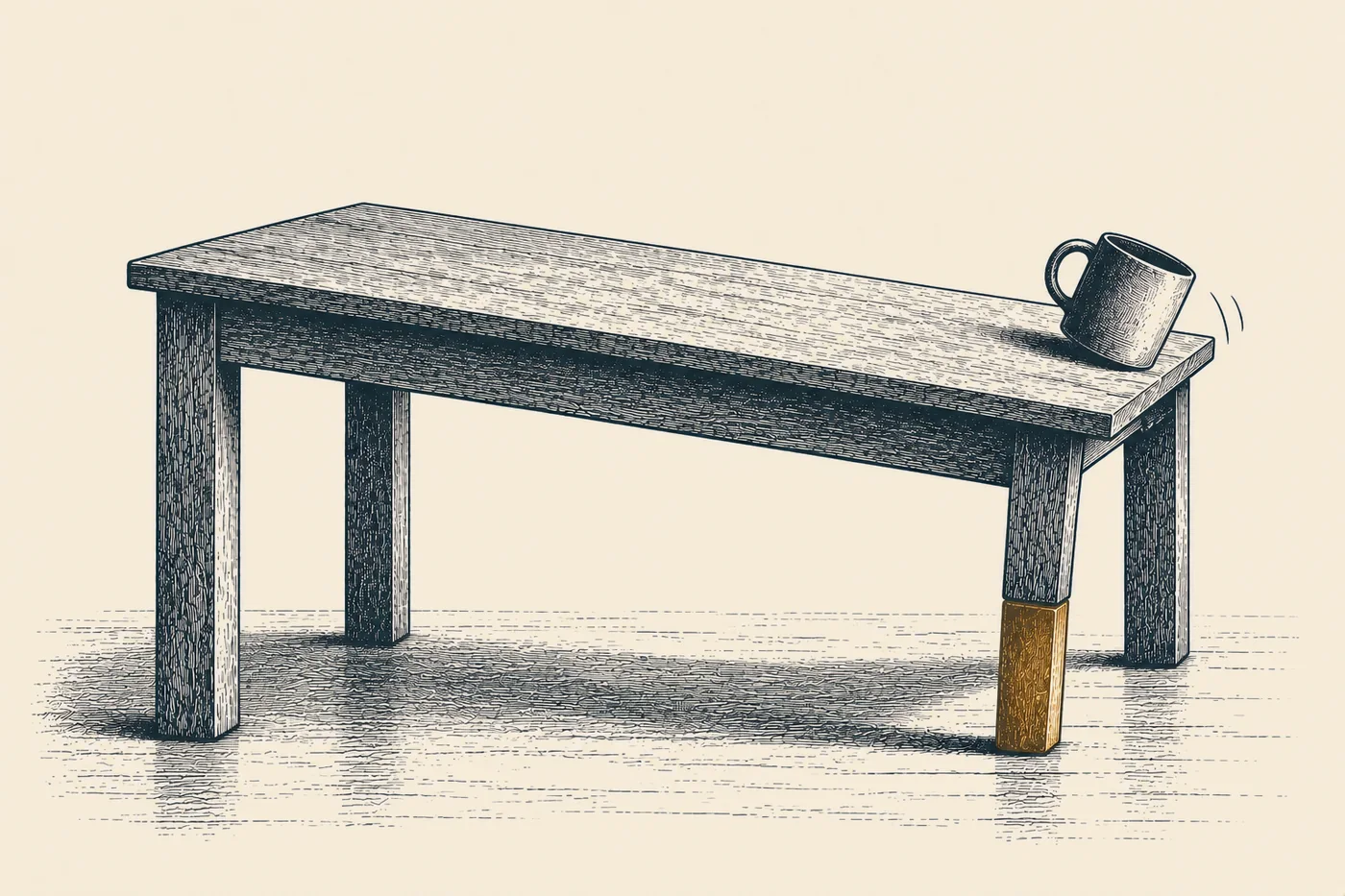 Line illustration: a plain wooden table with one leg shorter than the others, drawn in bronze, tilted so a mug is sliding toward the edge.