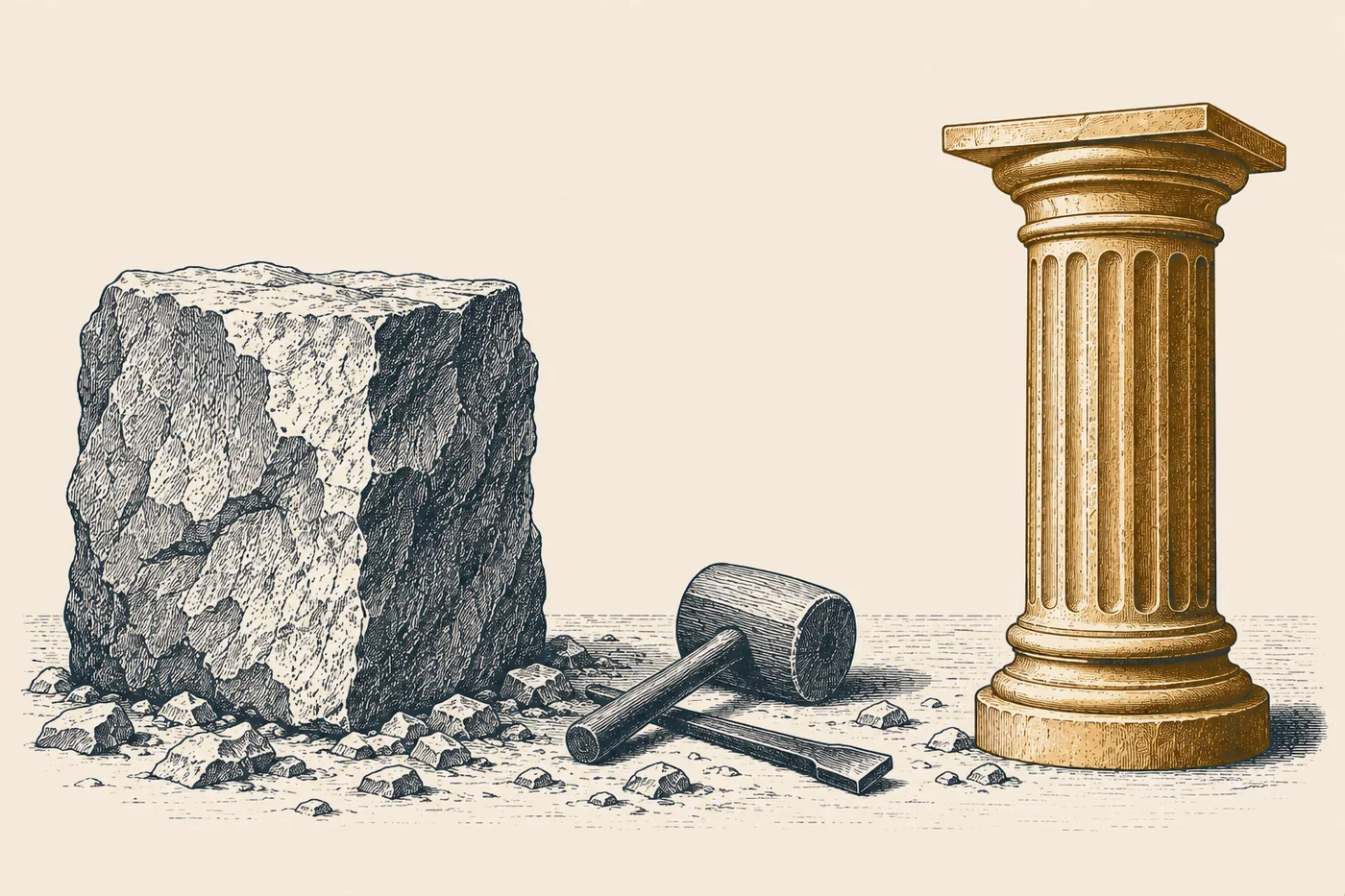 Line illustration: a rough uncut block of stone on the left, a finished fluted bronze column on the right, and a mallet and chisel resting between them among the chips.