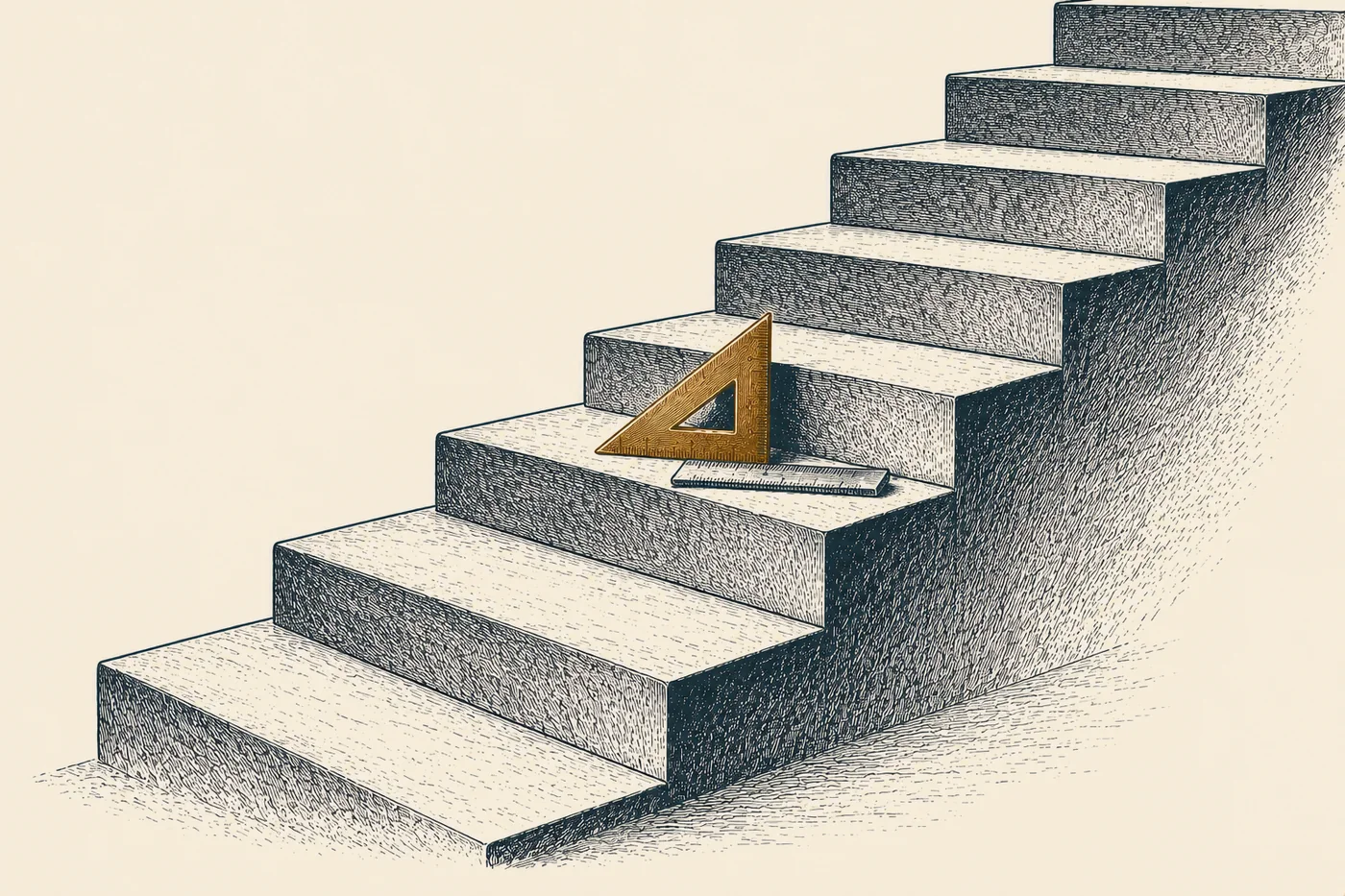 Line illustration: a staircase of identical concrete steps rising to the right, with a bronze draftsman's set square and a ruler resting on one step.