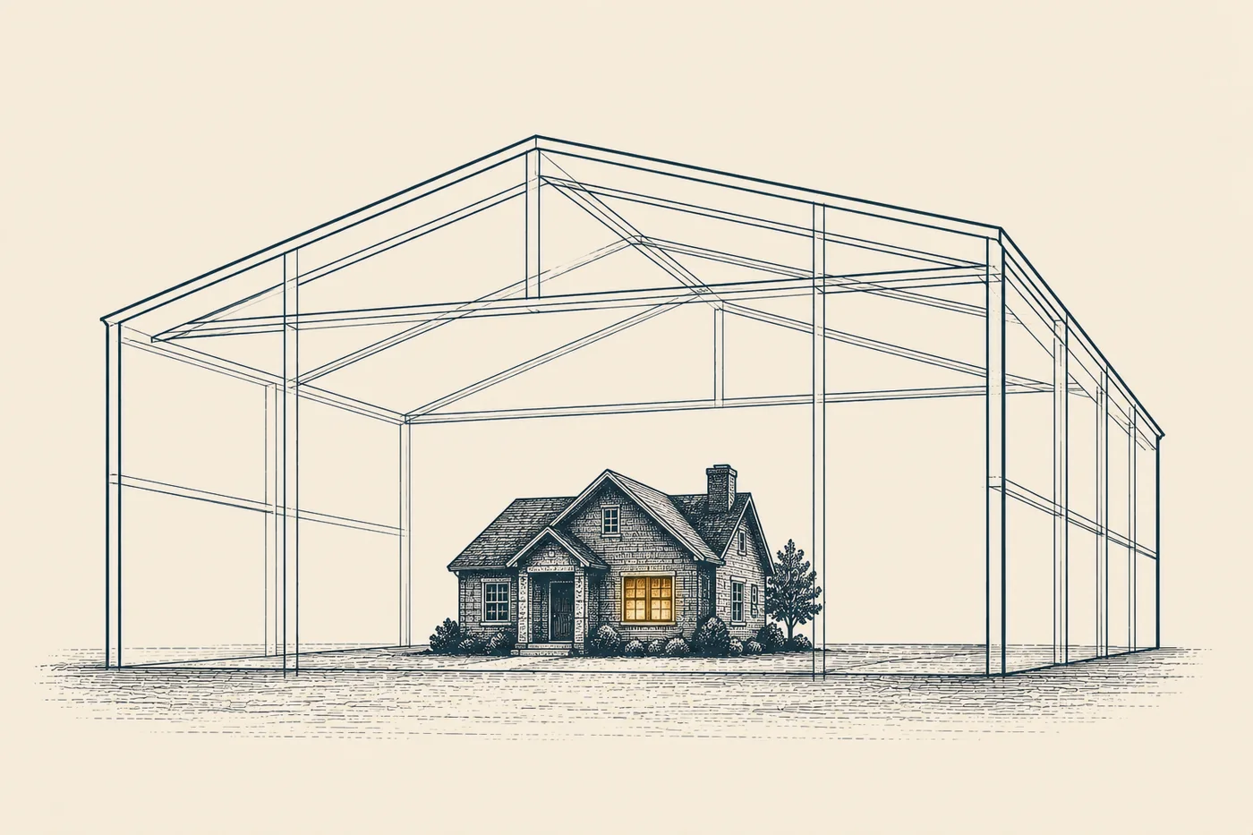 Line illustration: a large building drawn only as an empty steel outline, and inside it a small brick house drawn solid, with one bronze lit window.