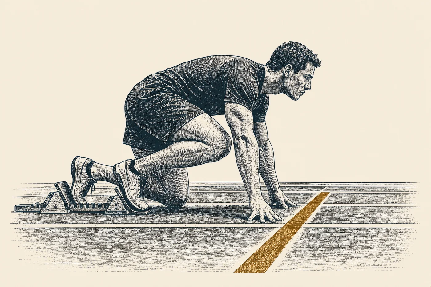 Line illustration: a sprinter crouched in starting blocks, drawn from the side, with the bronze starting line on the track just ahead of his hands.