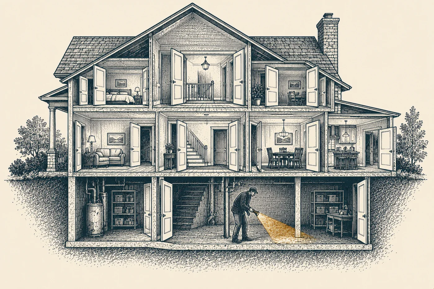 Line illustration: a house in cross-section with every interior door standing open on every floor, and a figure with a bronze flashlight beam inspecting the basement.