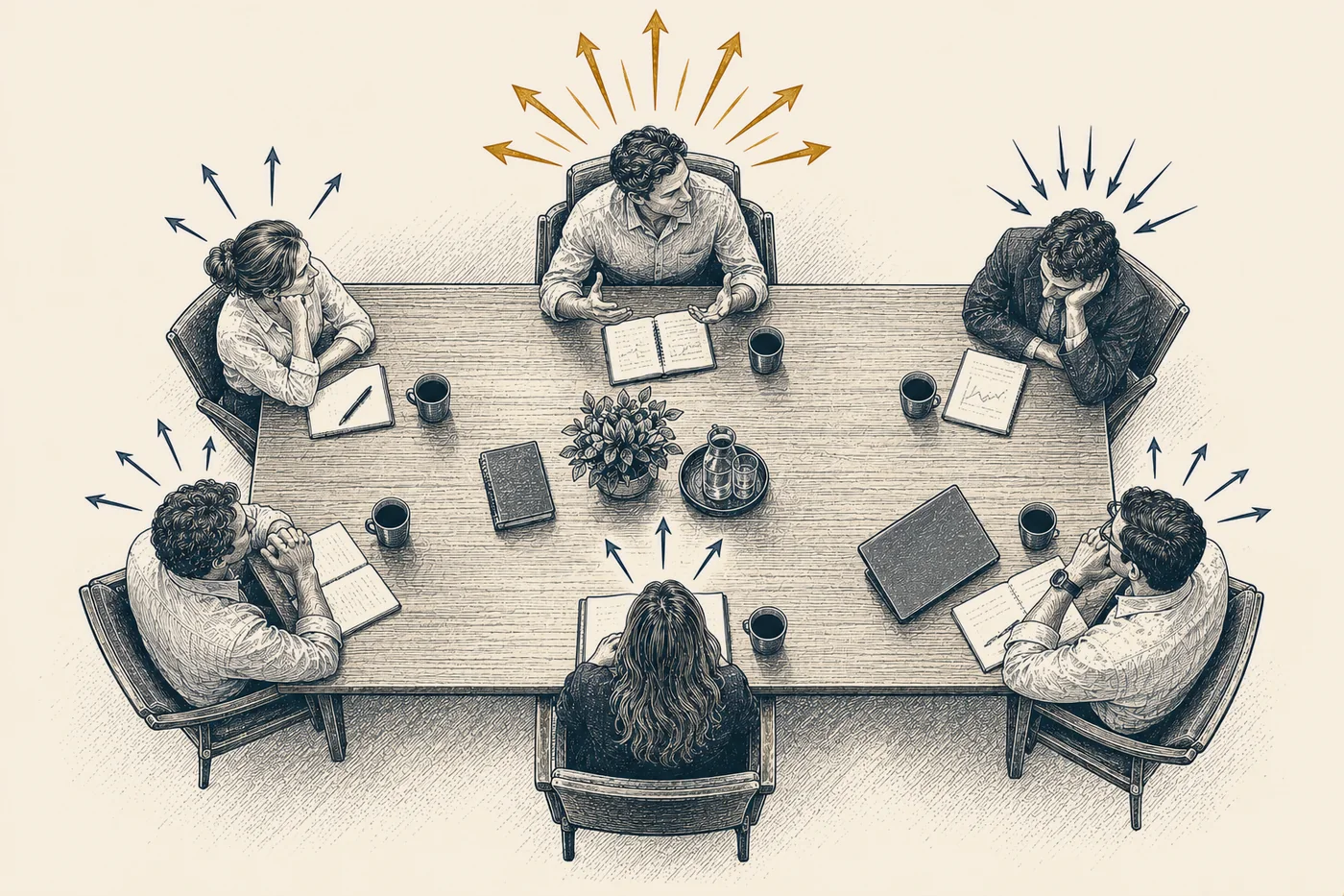 Line illustration: a meeting table seen from above with six people seated; bronze lines radiate outward from one person while short navy lines pull inward toward another.