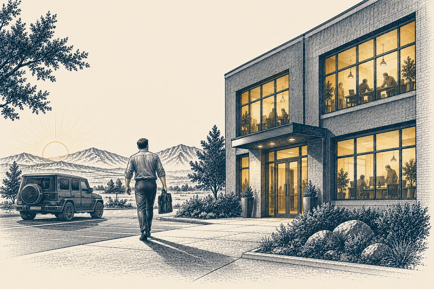 Line illustration: a founder with a briefcase walking away from a two-story office toward his car at sunset, and behind him every window of the building still lit in bronze with people at work inside.