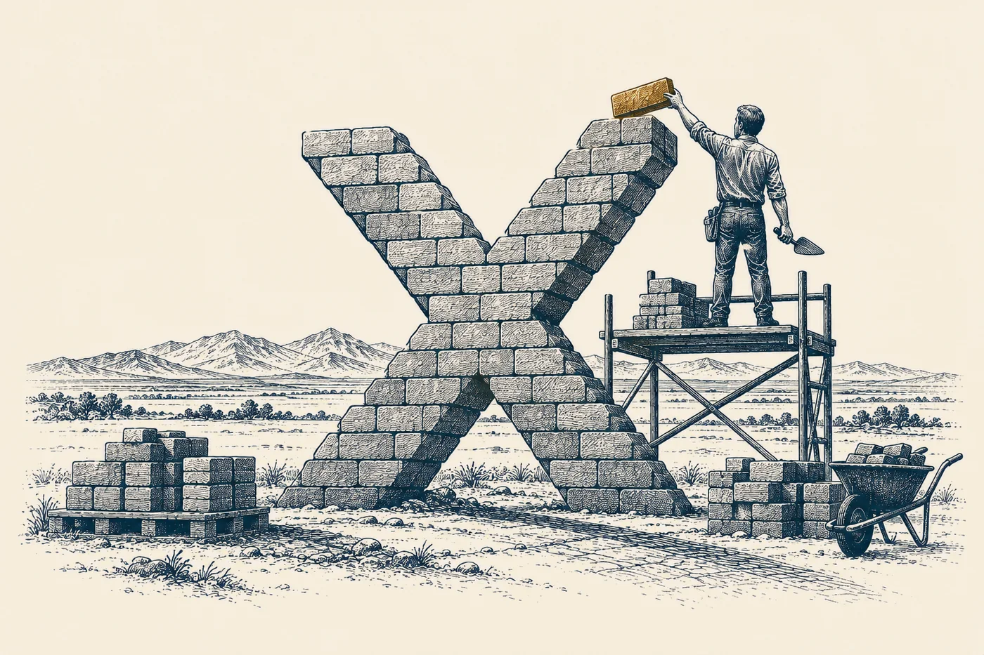 Line illustration: a giant multiplication sign built from stone blocks in open country, with a mason on scaffolding lifting the last bronze block into place.