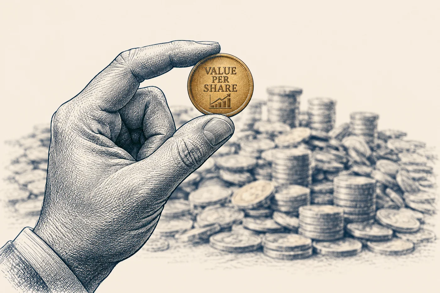 Line illustration: a single bronze coin held up between thumb and forefinger, sharp and close, against a large heap of coins drawn faint and out of focus behind it.