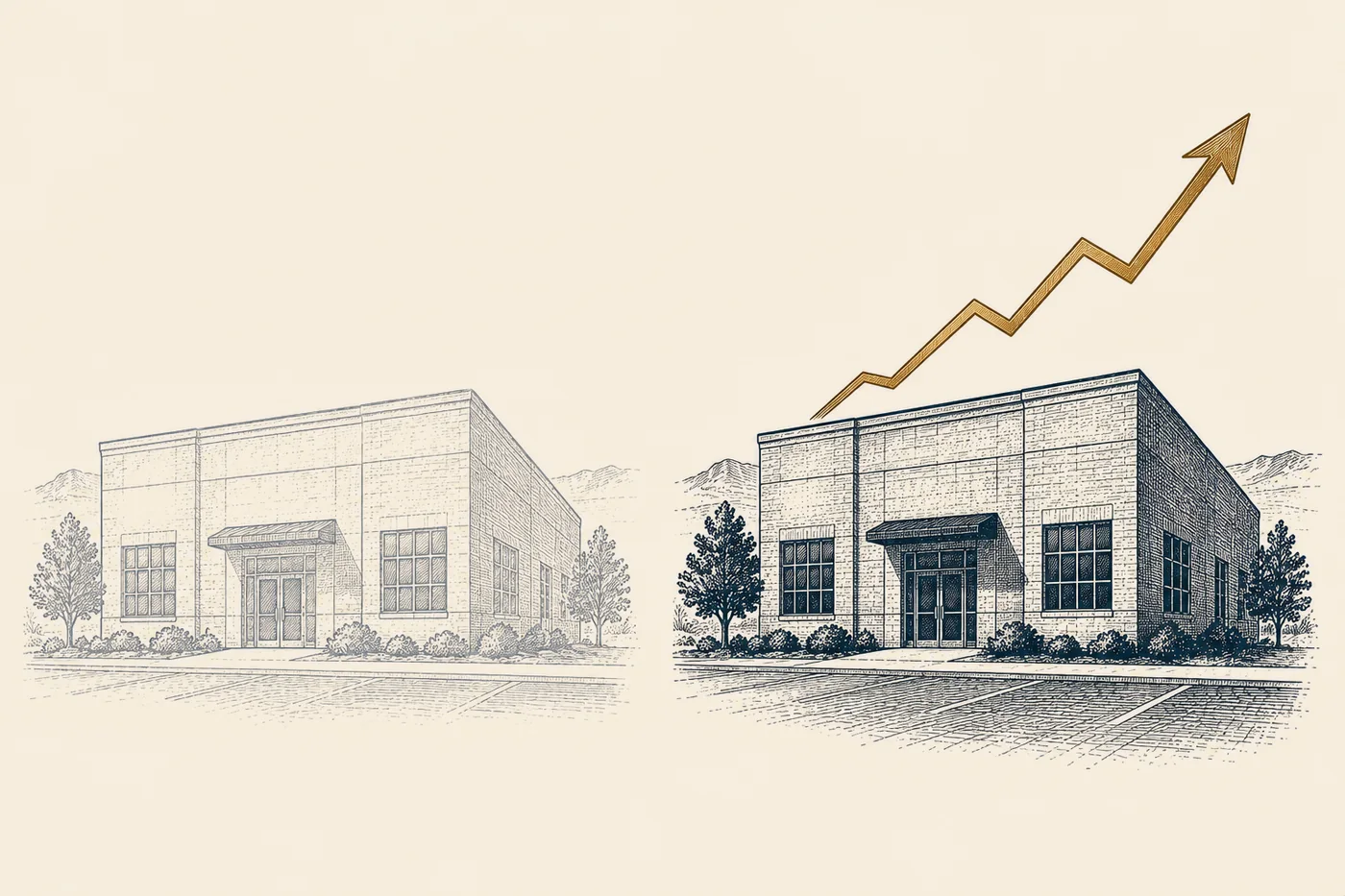 Line illustration: two identical buildings side by side; the one on the left drawn in faint outline, the one on the right drawn solid with a bronze line rising above its roof.