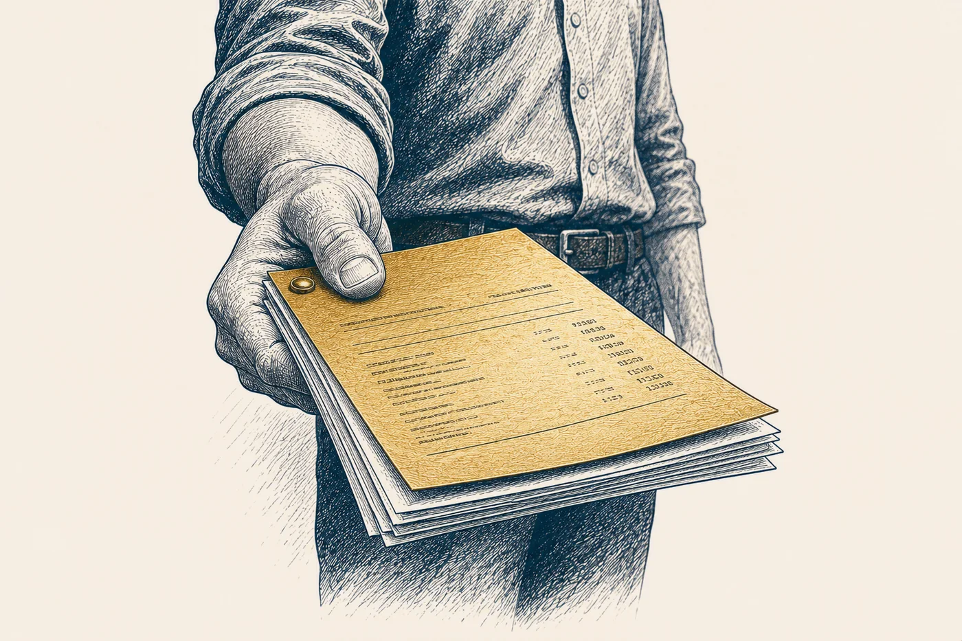 Line illustration: a plain hand extended toward the viewer, offering a small stack of papers with a pin through the corner; the bronze top sheet is a ruled statement.