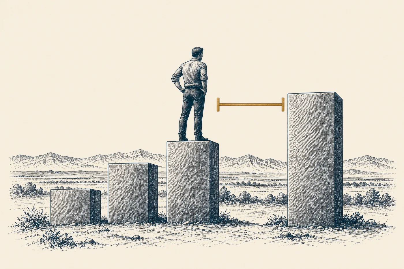 Line illustration: a figure standing on a bar-chart column looking across a gap to the next column, which is clearly taller; the gap between them is marked with a bronze bracket.