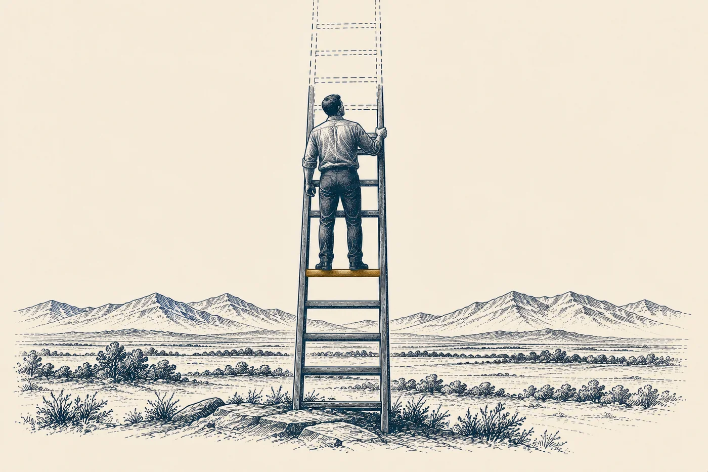 Line illustration: a man on a tall ladder in open country; the rungs above his head are drawn faint and dashed, the rungs below are solid, and the bronze rung is the one under his feet.