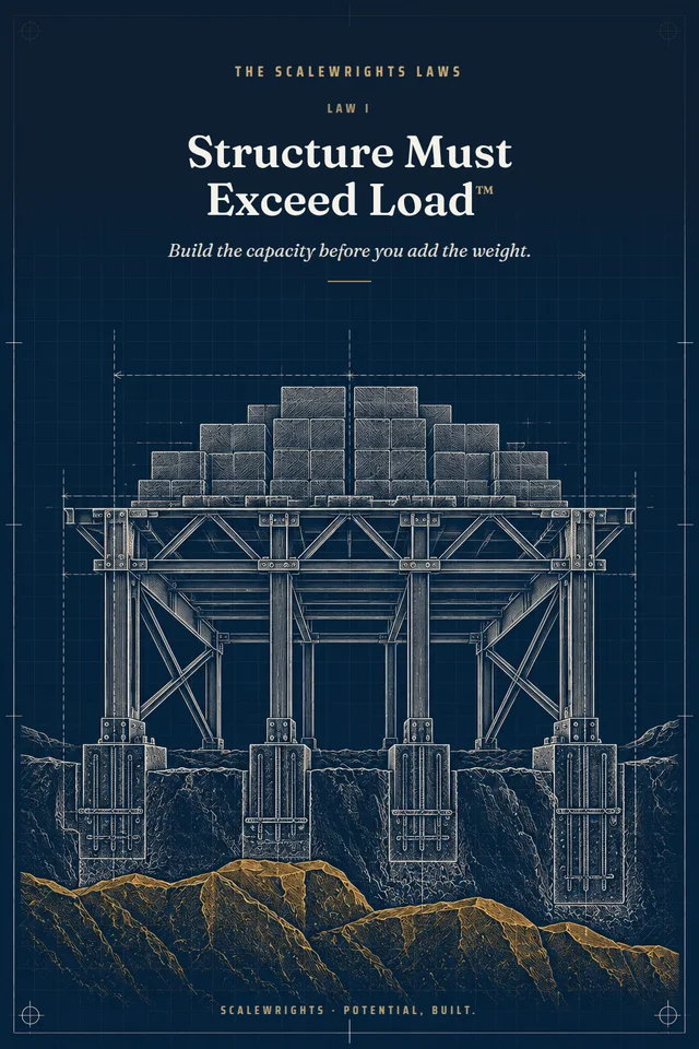 The Scalewrights Laws poster: Law I — Structure Must Exceed Load™ — Build the capacity before you add the weight.