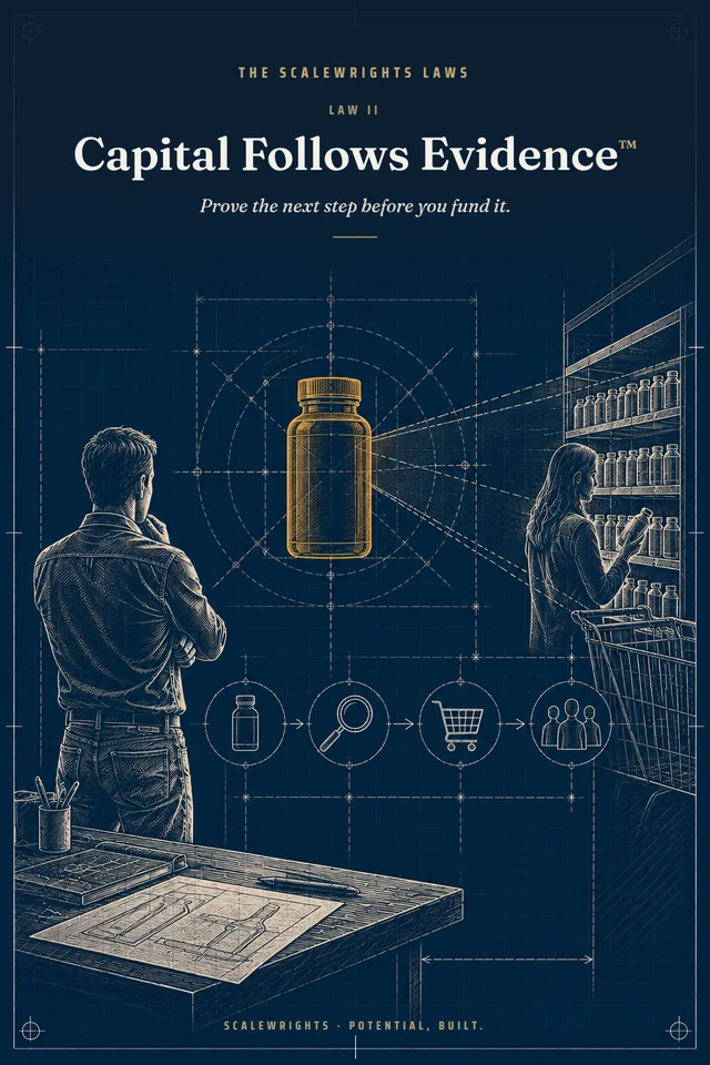 The Scalewrights Laws poster: Law II — Capital Follows Evidence™ — Prove the next step before you fund it.