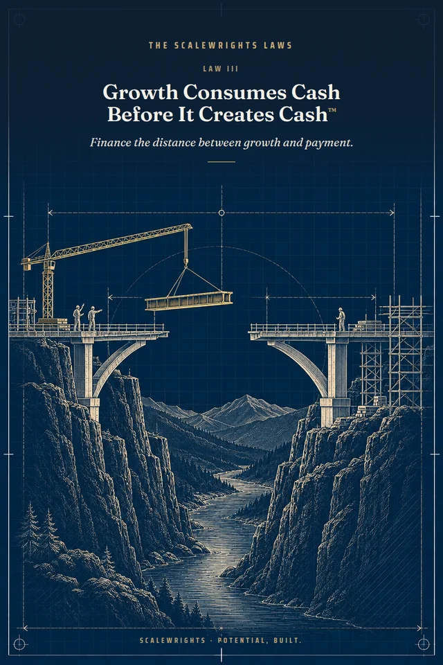 The Scalewrights Laws poster: Law III — Growth Eats Cash First™ — Cash leaves before it comes back; finance the distance.