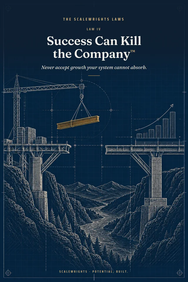 The Scalewrights Laws poster: Law IV — Success Can Kill the Company™ — Never accept growth your system cannot absorb.