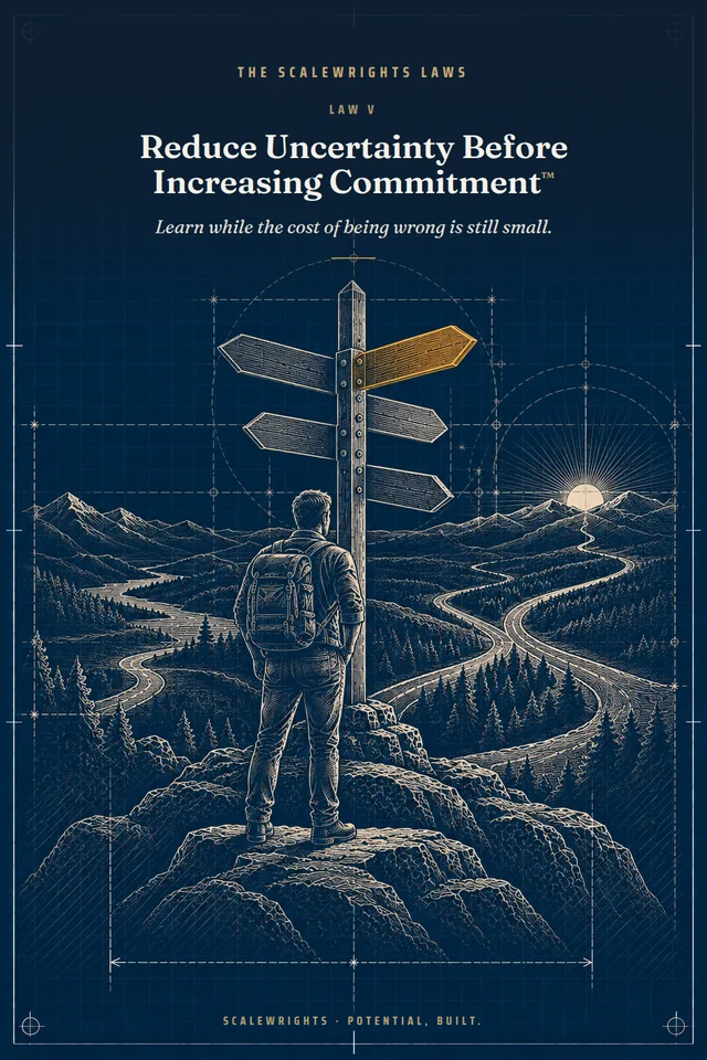 The Scalewrights Laws poster: Law V — Buy Information Before You Buy Scale™ — Learn while the cost of being wrong is still small.