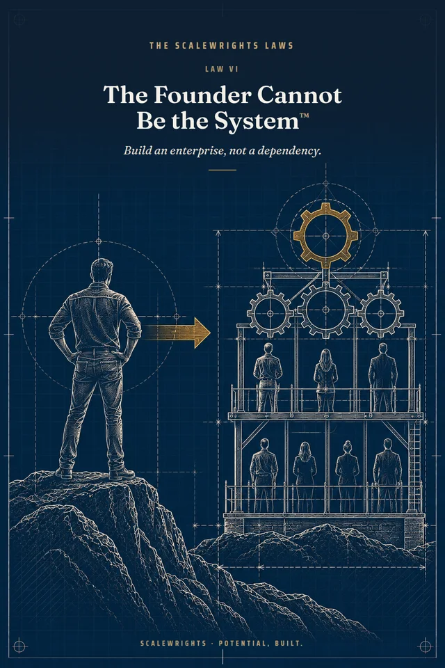 The Scalewrights Laws poster: Law VI — The Founder Cannot Be the System™ — Build an enterprise, not a dependency.