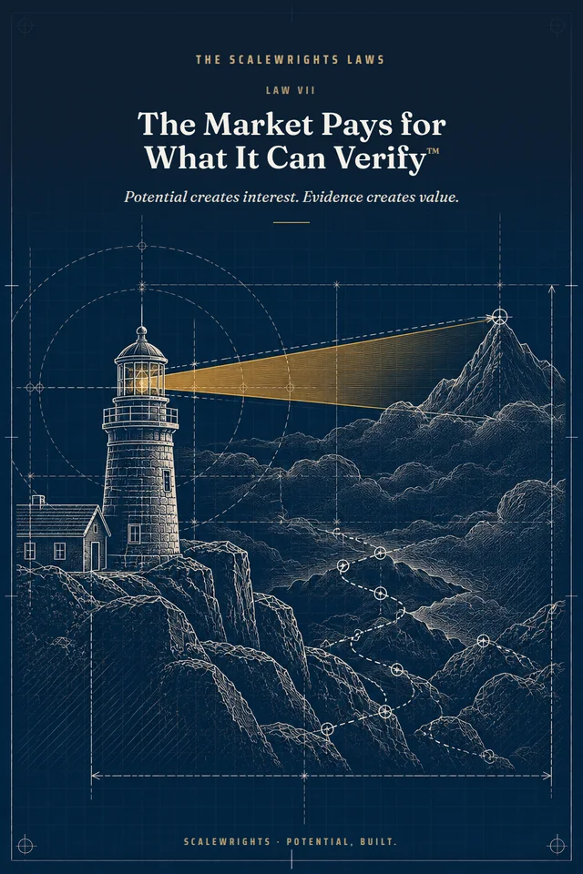 The Scalewrights Laws poster: Law VII — The Market Pays for What It Can Verify™ — Potential creates interest. Evidence creates value.
