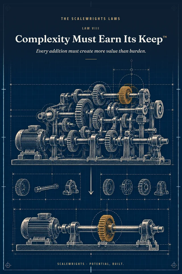 The Scalewrights Laws poster: Law VIII — Complexity Must Earn Its Keep™ — Every addition must create more value than burden.