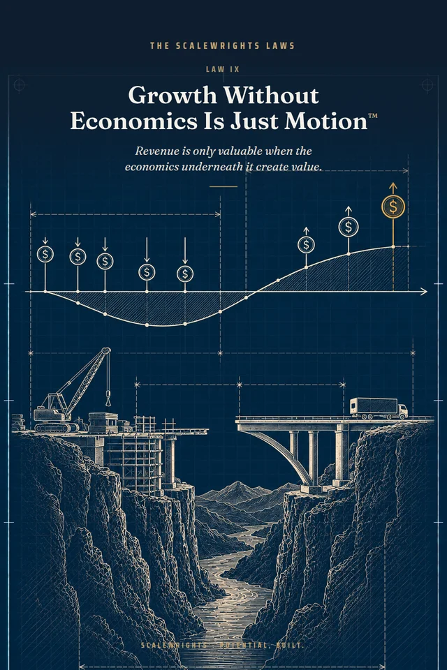 The Scalewrights Laws poster: Law IX — Motion Is Not Progress™ — Revenue is only valuable when the economics underneath it create value.