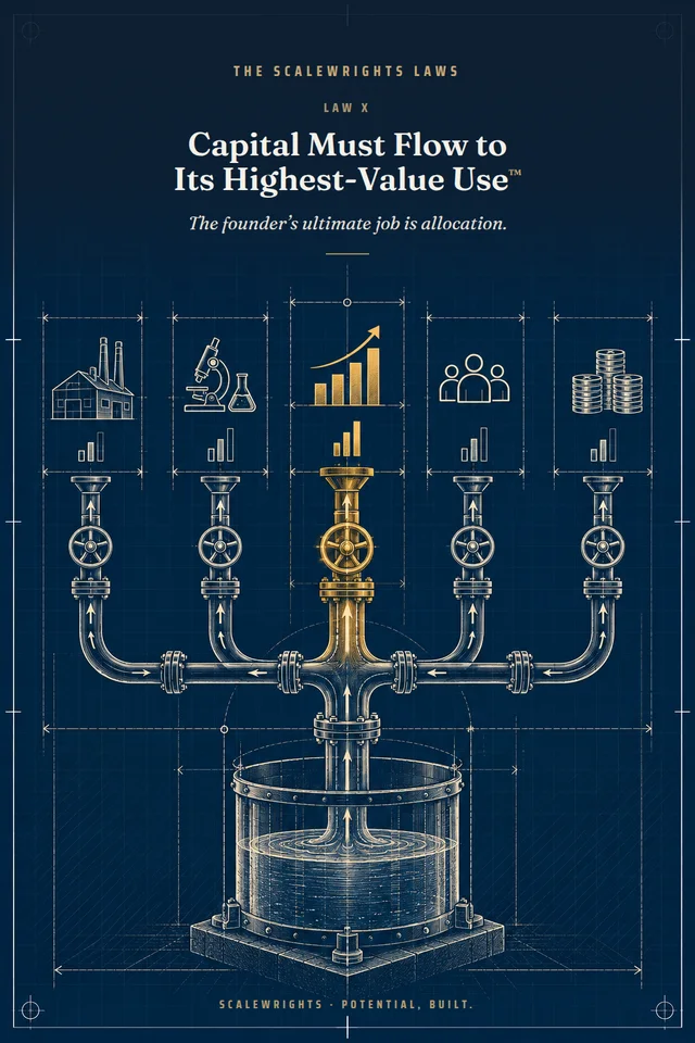 The Scalewrights Laws poster: Law X — Every Dollar Competes™ — The next dollar’s only test is its next-best use.