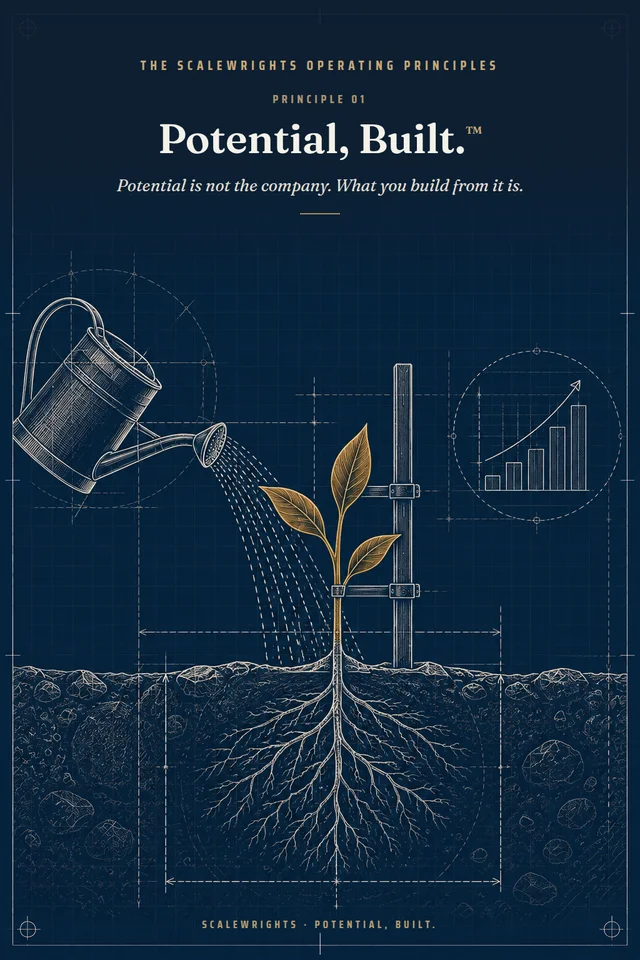 The Scalewrights Operating Principles poster: Principle 01 — Potential, Built.™ — Potential is not the company. What you build from it is.