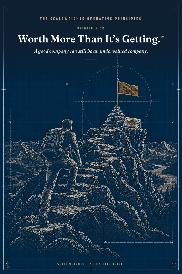 The Scalewrights Operating Principles poster: Principle 02 — Worth More Than It's Getting.™ — A good company can still be an undervalued company.