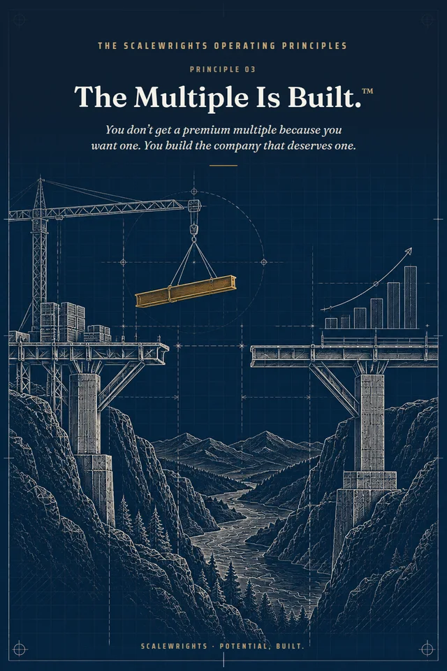 The Scalewrights Operating Principles poster: Principle 03 — The Multiple Is Built.™ — You don't get a premium multiple because you want one. You build the company that deserves one.