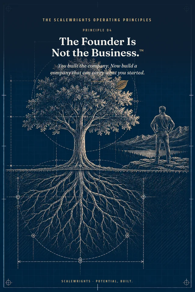 The Scalewrights Operating Principles poster: Principle 04 — The Founder Is Not the Business.™ — You built the company. Now build a company that can carry what you started.