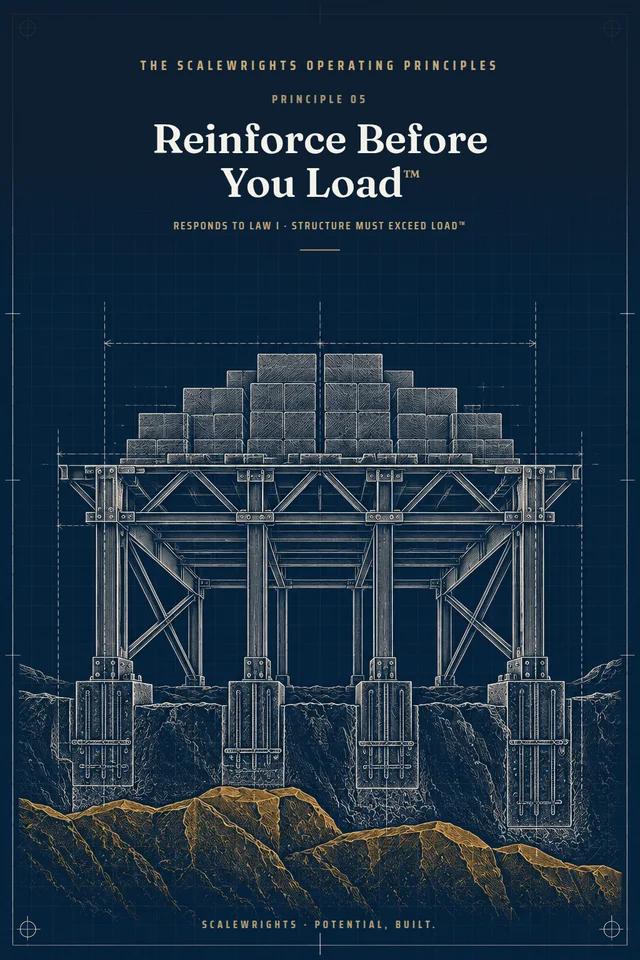 The Scalewrights Operating Principles poster: Principle 05 — Reinforce Before You Load™ — Add the beam before the truck arrives; keep a structural reserve.