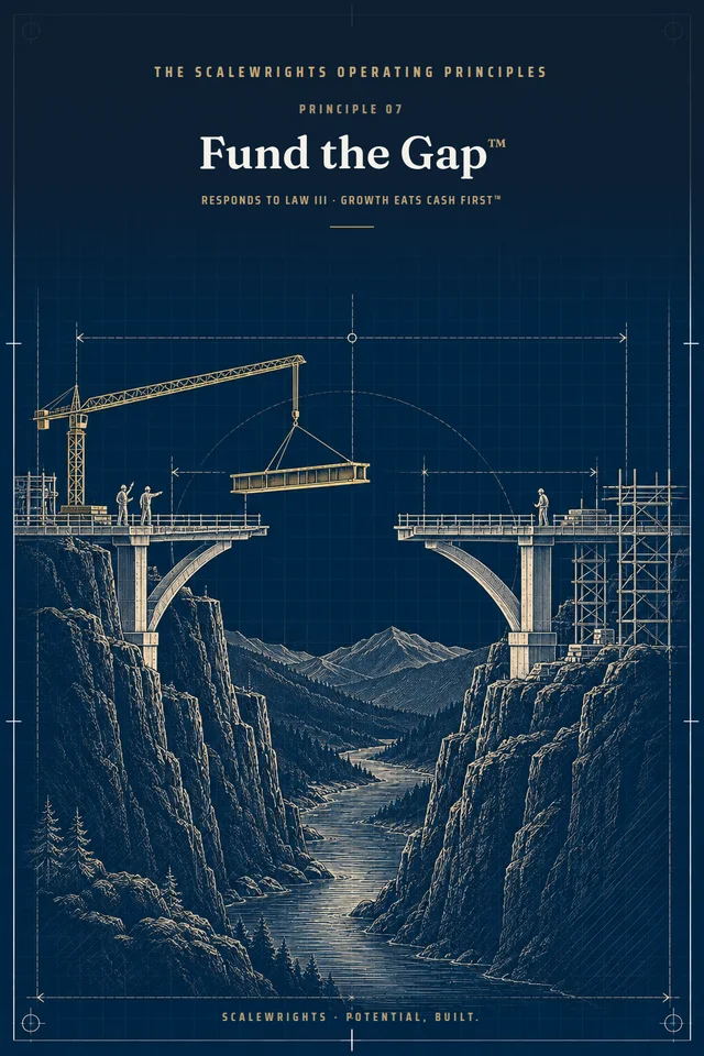 The Scalewrights Operating Principles poster: Principle 07 — Fund the Gap™ — Know the gap, fund the gap, control the gap — before you take the order.