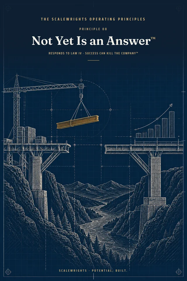 The Scalewrights Operating Principles poster: Principle 08 — Not Yet Is an Answer™ — Stage the win, or decline it; GO SMALL and NOT YET are decisions, not failures.