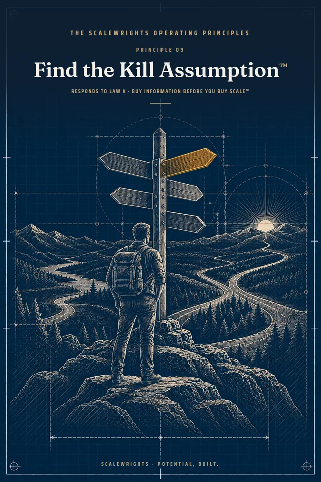 The Scalewrights Operating Principles poster: Principle 09 — Find the Kill Assumption™ — Test the one assumption that can end you first, with the cheapest credible test.