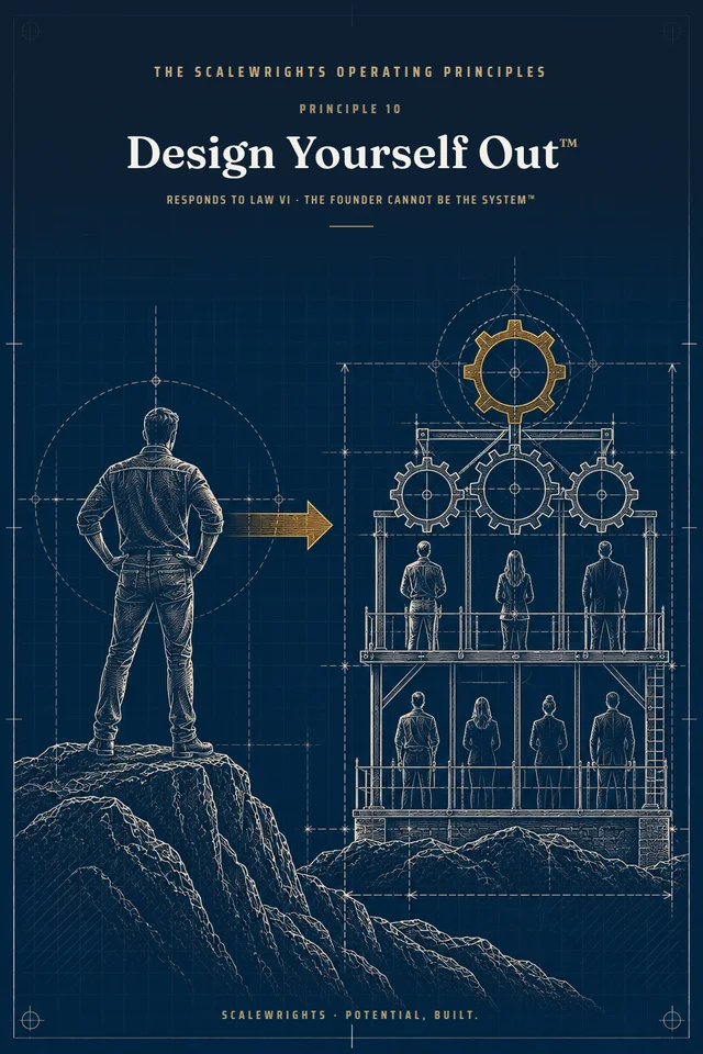 The Scalewrights Operating Principles poster: Principle 10 — Design Yourself Out™ — Move from doing to deciding to designing; make your involvement a choice, not a requirement.